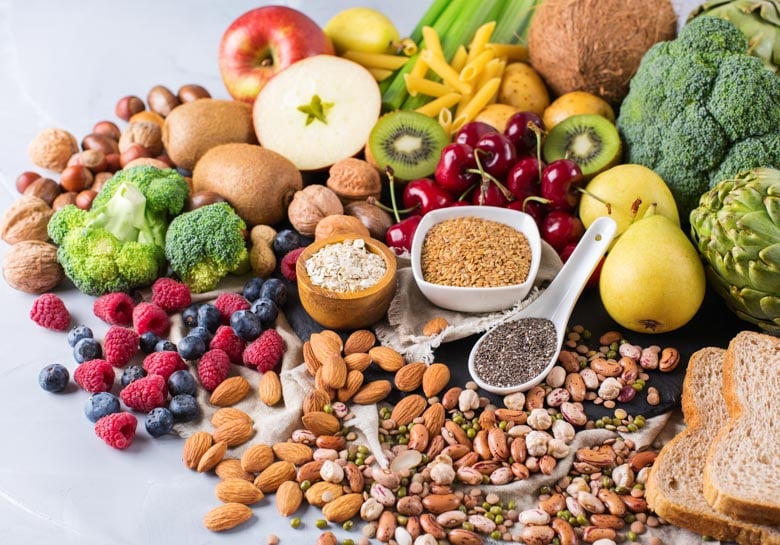 staged veggies and fruits